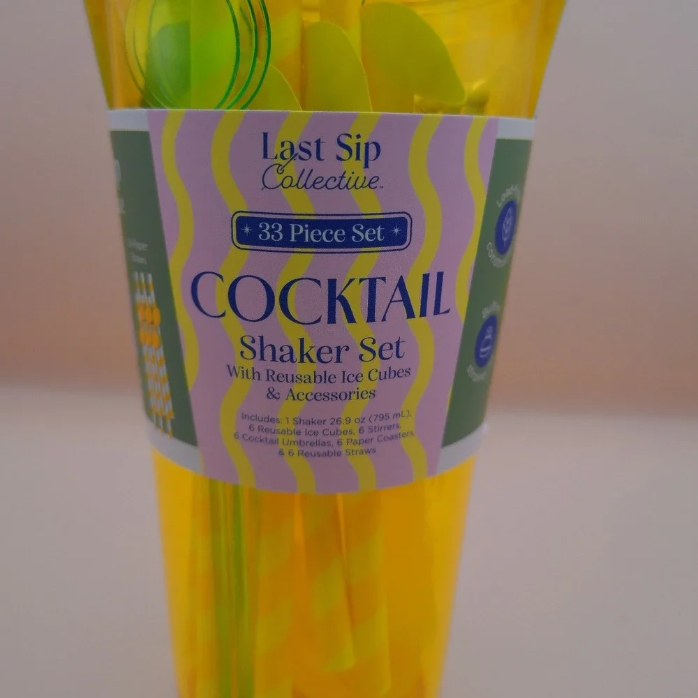 Last Sip Collective Yellow Lemon Cocktail Shaker Set 33 Pc Reusable Ice Cubes